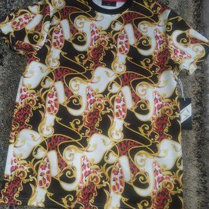 Men's Red Black Gold Print Shirt Size M